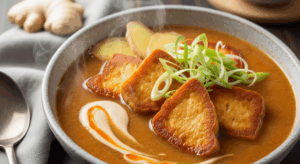 Ginger miso soup with crispy tofu